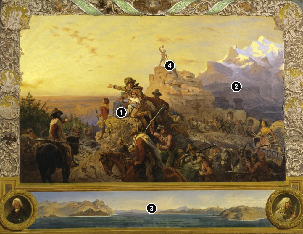 Annotated details from Westward the Course of Empire Takes Its Way by Emanuel Leutze